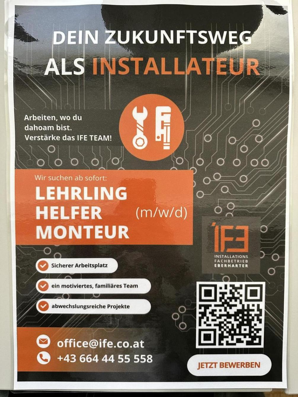 Stellenanzeige als Installateurlehrling